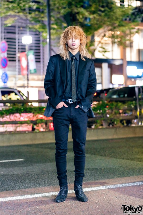 Harajuku Guy w/ Shaggy Hairstyle in Skinny Suit, YSL Necktie & Sparkling Heeled Boots