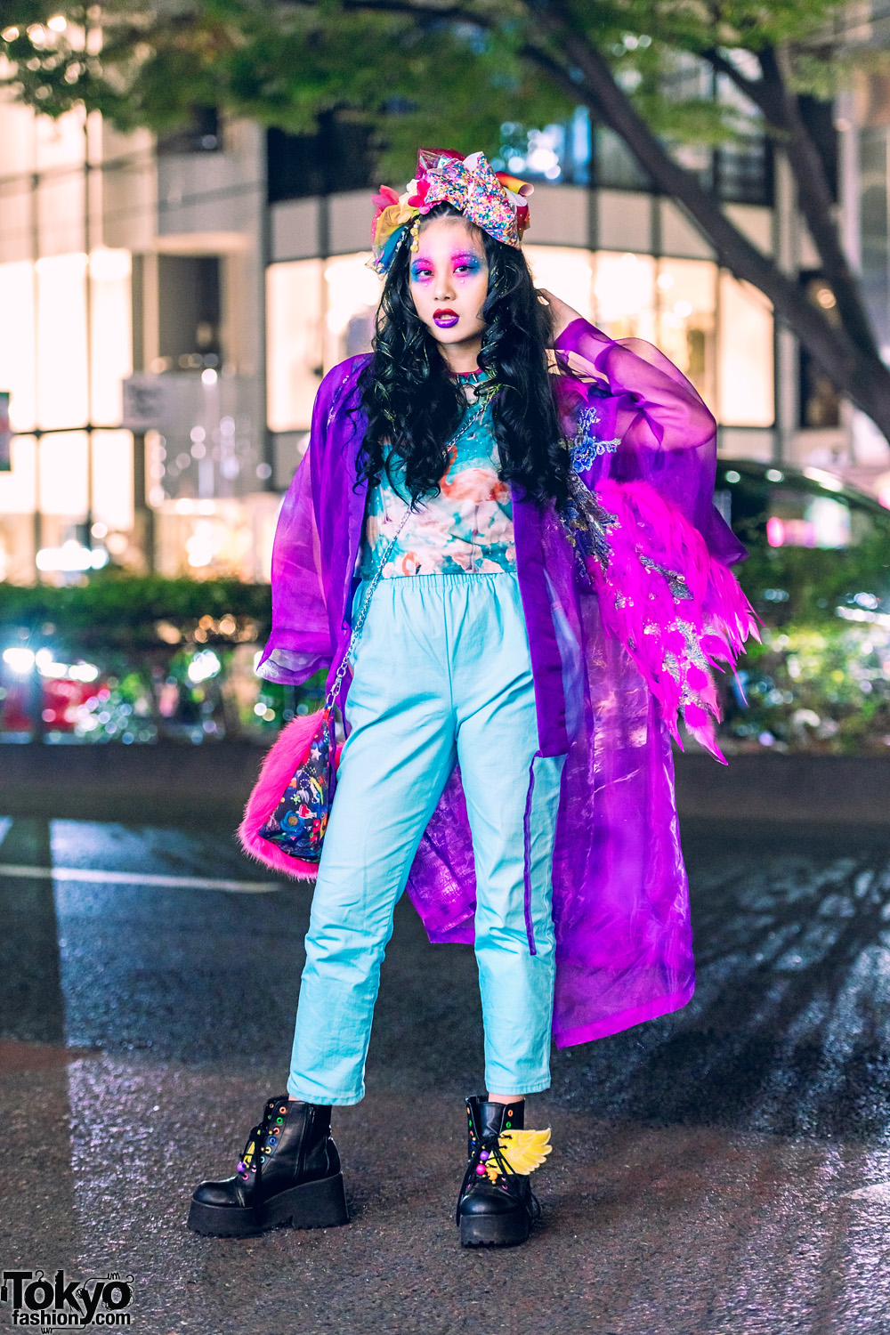 Kawaii Tokyo Street Style w/ Colorful Makeup, Takenoko Sheer Kimono, ACDC Rag, WEGO Wing Boots & 6%DOKIDOKI Fuzzy Sling