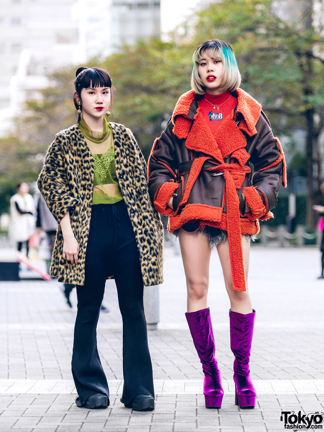 Tokyo Girls Streetwear w/ MYOB NYC Shearling Jacket, Leopard Print, UNIF, Flare Pants & Office Kiko Purple Boots