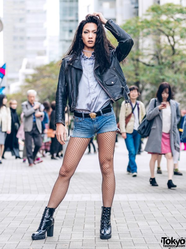 Beauty Student w/ Black Leather Jacket, Jean Shorts, Fishnet Stockings & Heeled Boots