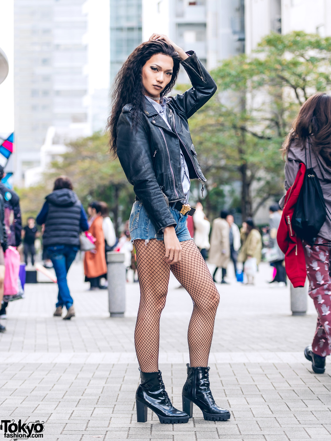 Beauty Student w/ Black Leather Jacket, Jean Shorts, Fishnet Stockings