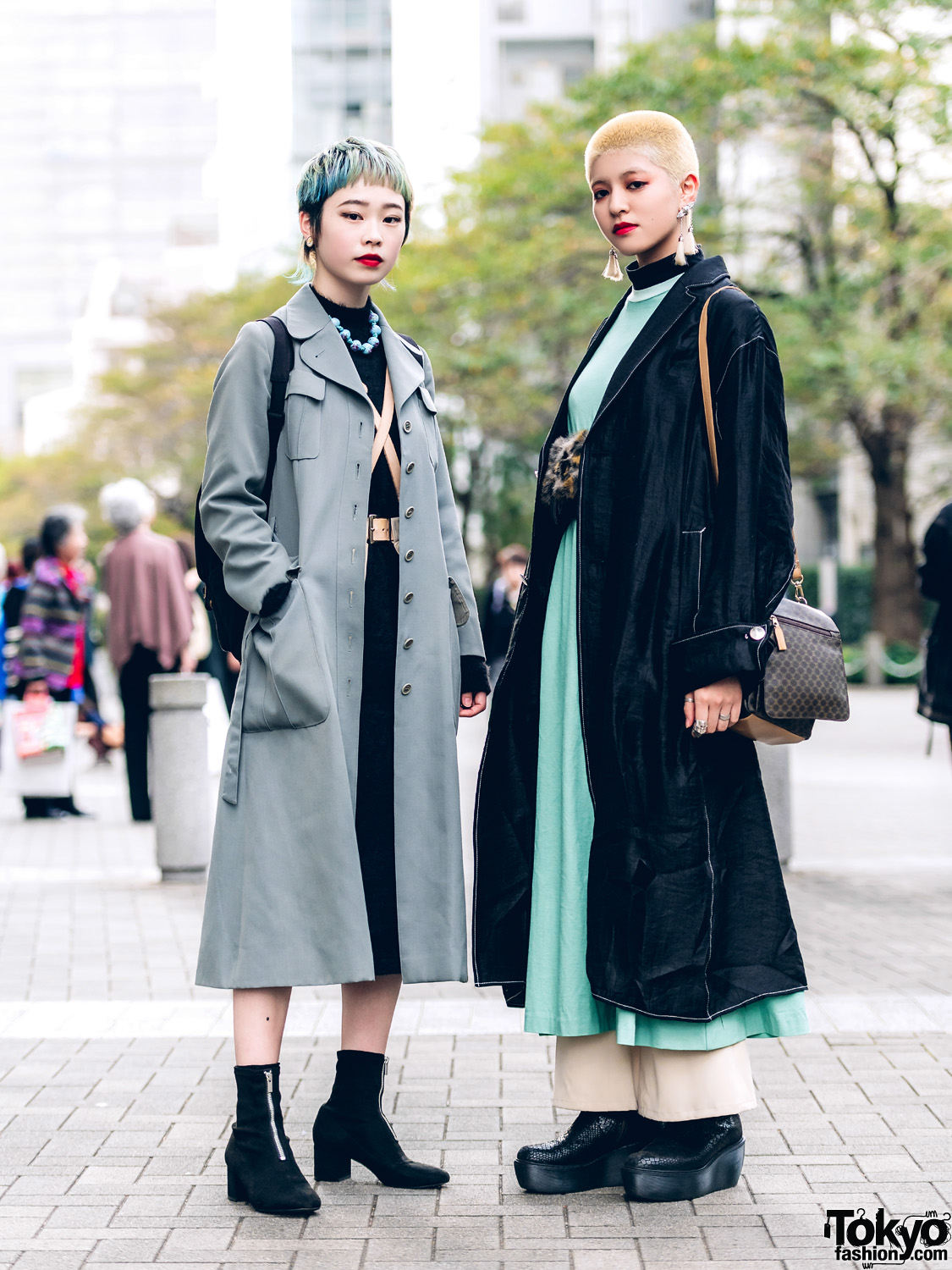 Chic Tokyo Girls Streetwear Styles & Short Hairstyle w/ GVGV Coat, Toga Japan Dress, Harness & Snakeskin Platform Boots