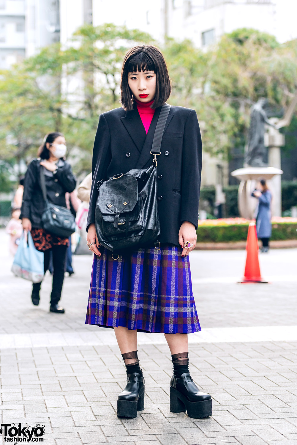 Blazer Over Turtleneck Top, Pleated Plaid Skirt, Bubbles, 4C, ME Harajuku & Jean Paul Gaultier Bag
