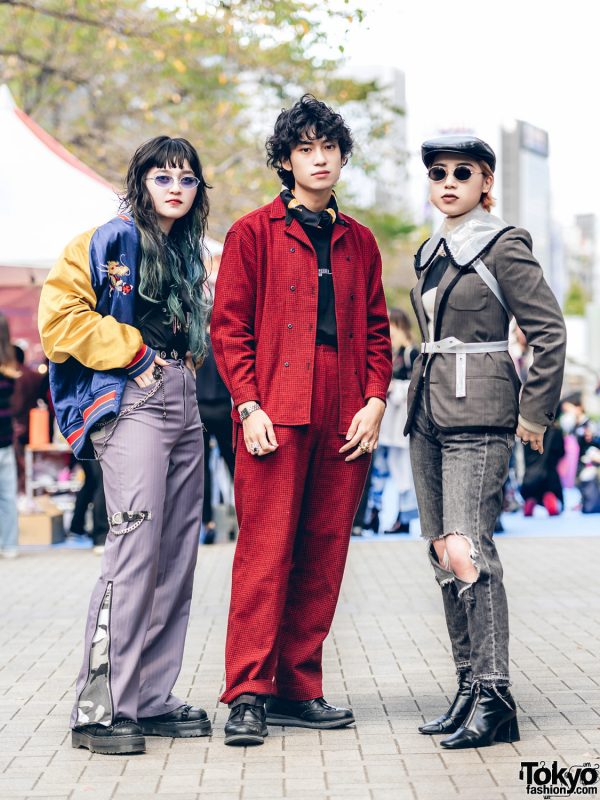 Harajuku Trio in Sukajan, Faith Tokyo Pants, Woolrich Houndstooth Suit, Undercover Blazer, Noir Kei Ninomiya Plastic Collar & Prada Wingtip Sneakers