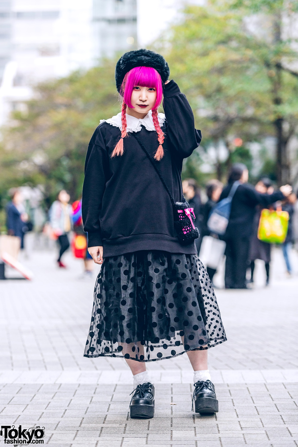 Lace Ruffle Tokyo Street Style w/ Twin Pink Braids, Furry Hat, Ruffle Collar Blouse, Merry Jenny Polka Dot Skirt & Yosuke Creepers