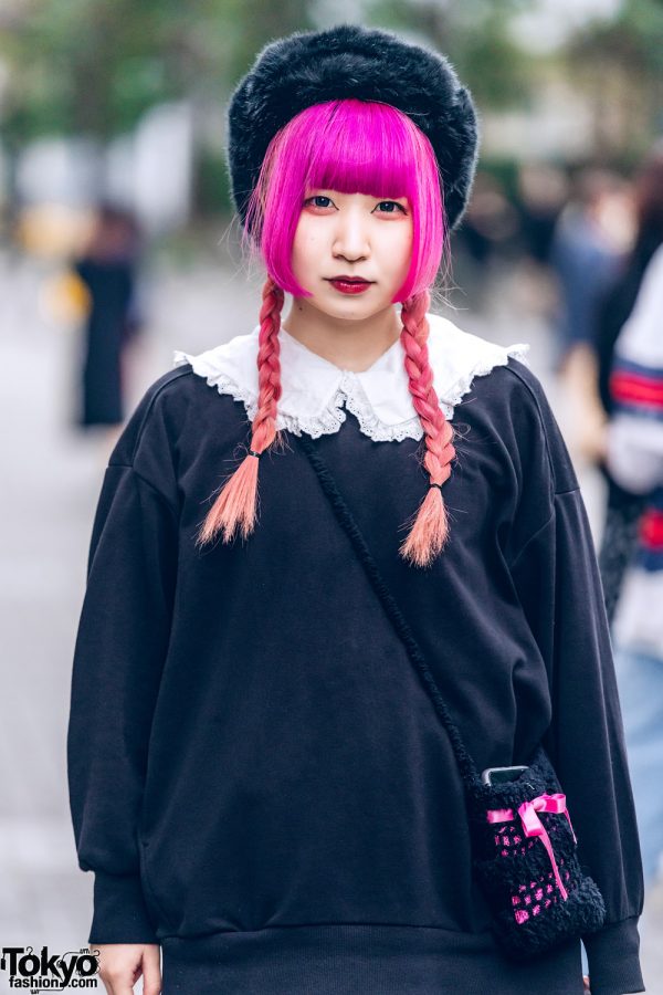 Lace Ruffle Tokyo Street Style w/ Twin Pink Braids, Furry Hat, Ruffle ...