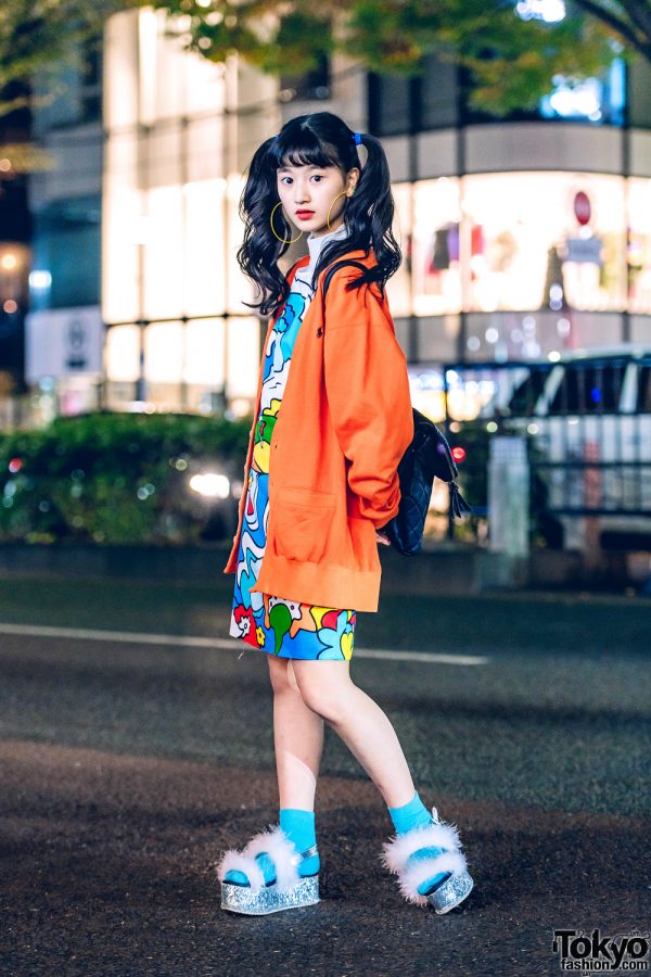 Japanese Model in Harajuku w/ Curly Twin Tails, Ralph Lauren Cardigan, Vintage Dress, WEGO Fuzzy Platform Sandals & Quilted Backpack