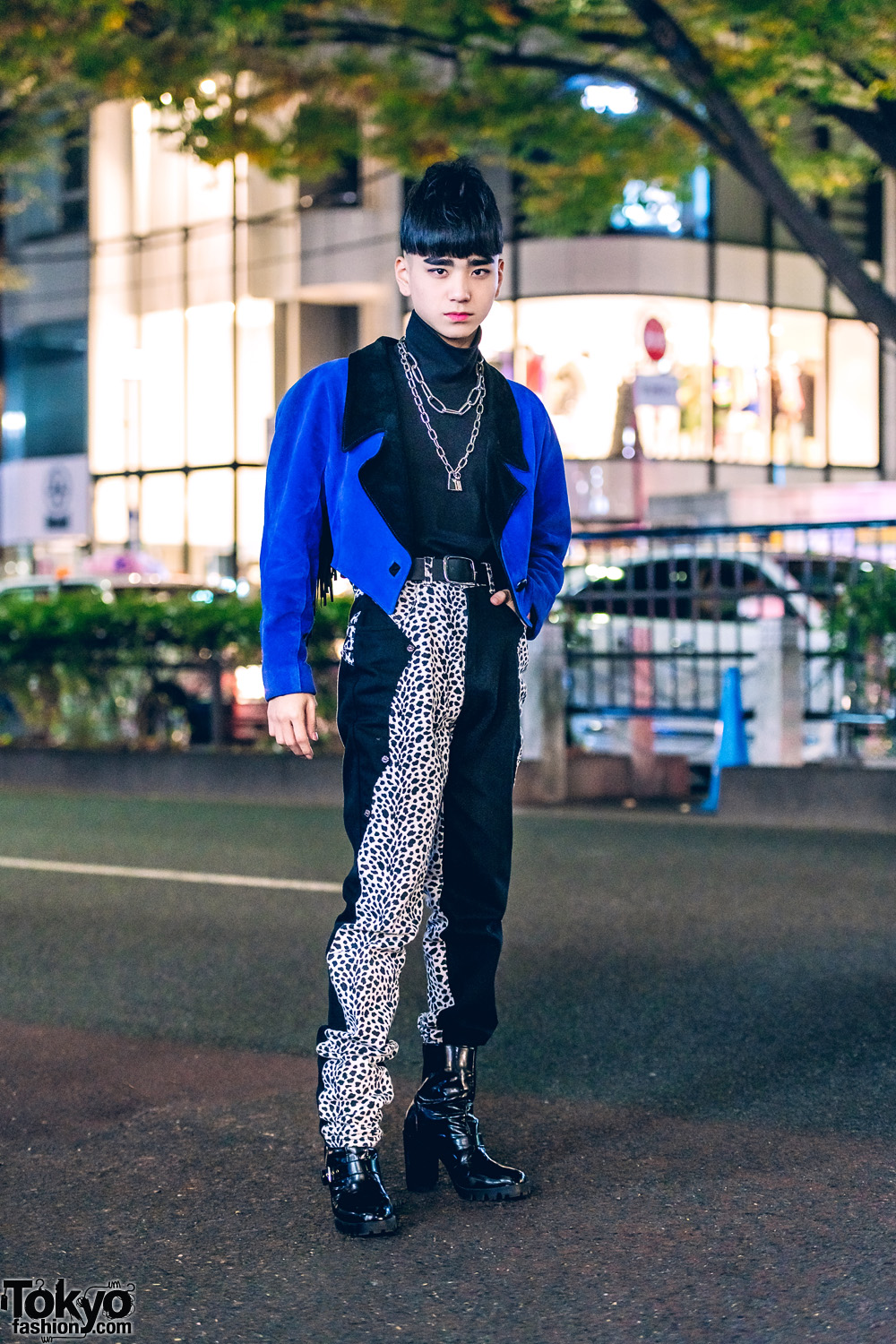 Retro Vintage Streetwear Style in Harajuku w/ RRR Vintage Tuxedo Jacket, Leopard Print Pants, UNIQLO Turtleneck Top & Heeled Boots