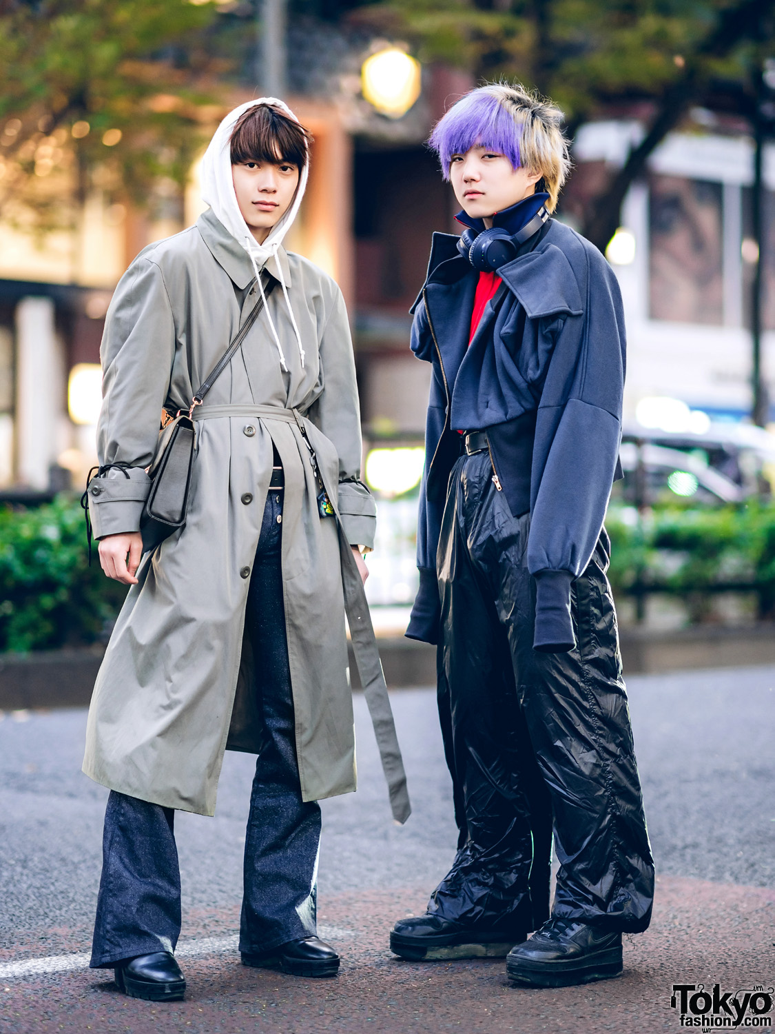 Tokyo Winter Menswear Street Styles w/ Purple Bangs, Faith Tokyo, Belted Trench Coat, Adidas, Dressedundressed & Nike