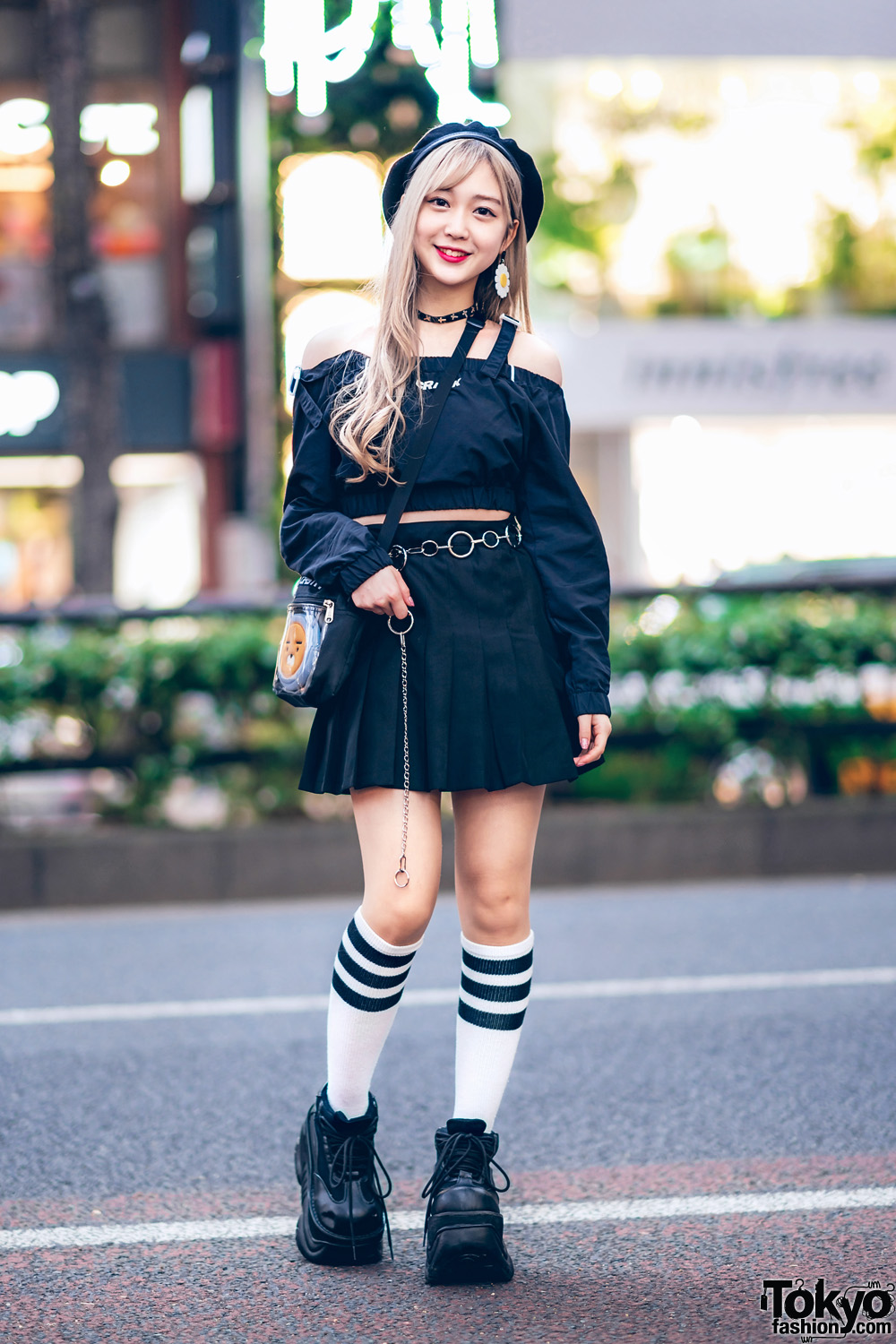 Chic Black Harajuku Girl Street Style w/ Crank Crop Top, WEGO Pleated Skirt, Demonia Platforms, (ME)Harajuku & WC Harajuku