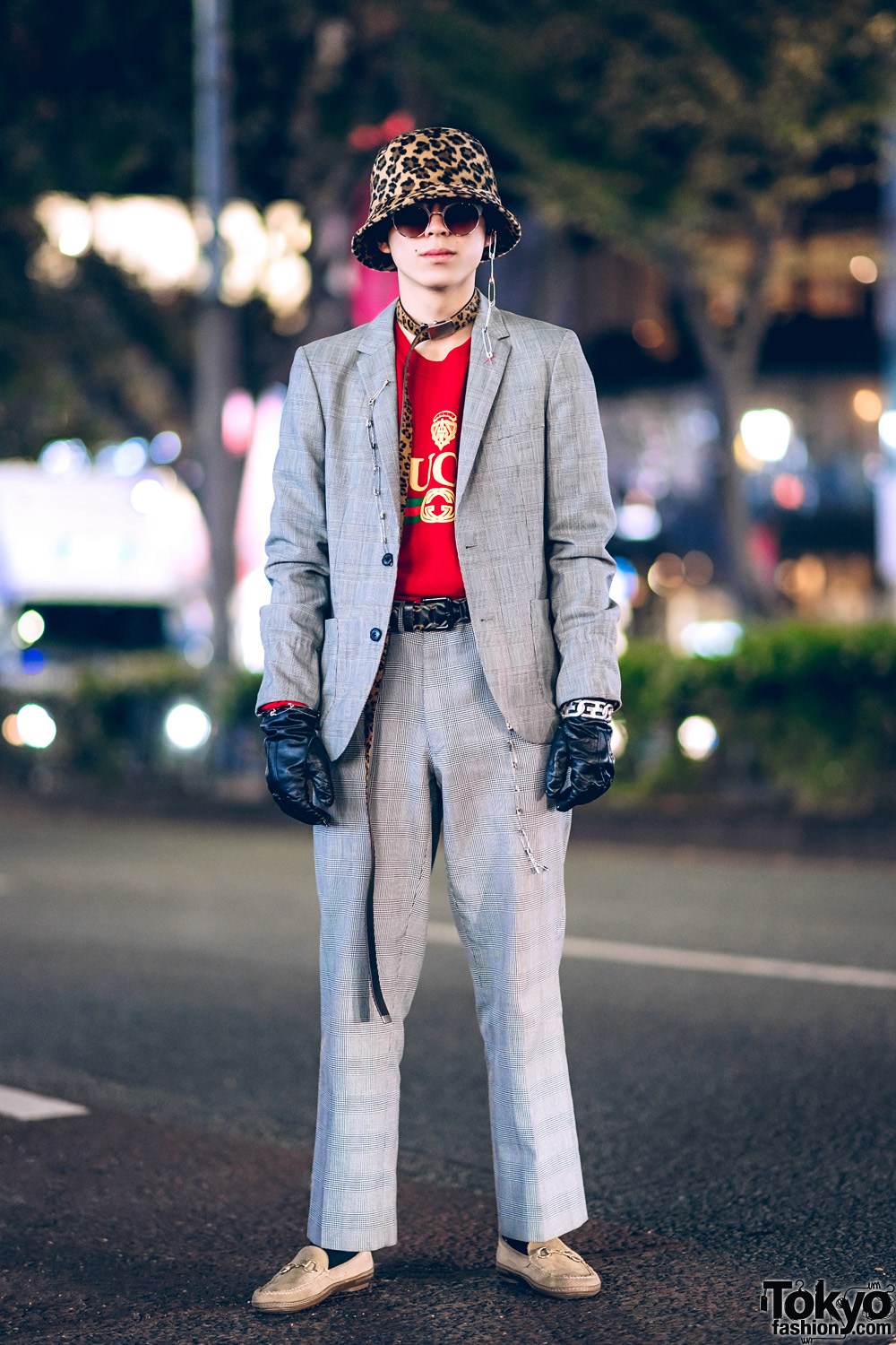 Tokyo Streetwear Style w/ Leopard Print Hat, Houndstooth Suit, Leather Gloves, Safety Pins, Diesel Braided Belt, Gucci Shirt & Suede Loafers