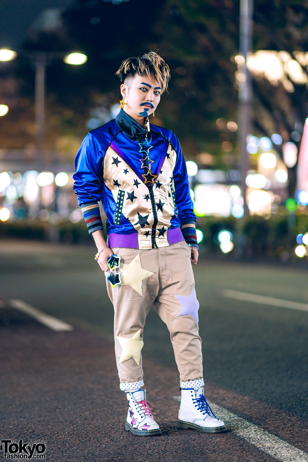 Japanese DJ in Harajuku w/ Glitter Makeup, Malko Malka Satin Star Jacket, Star Pants, Dr. Martens Star Boots & 6%DOKIDOKI Star Accessories