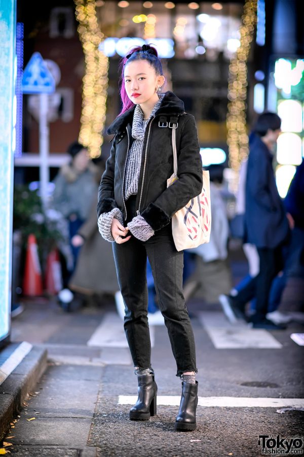 Pink-Haired Harajuku Girl in H&M Jacket, Thrift Knit Sweater, Lagua Gem Skinny Jeans & Shiseido Bag