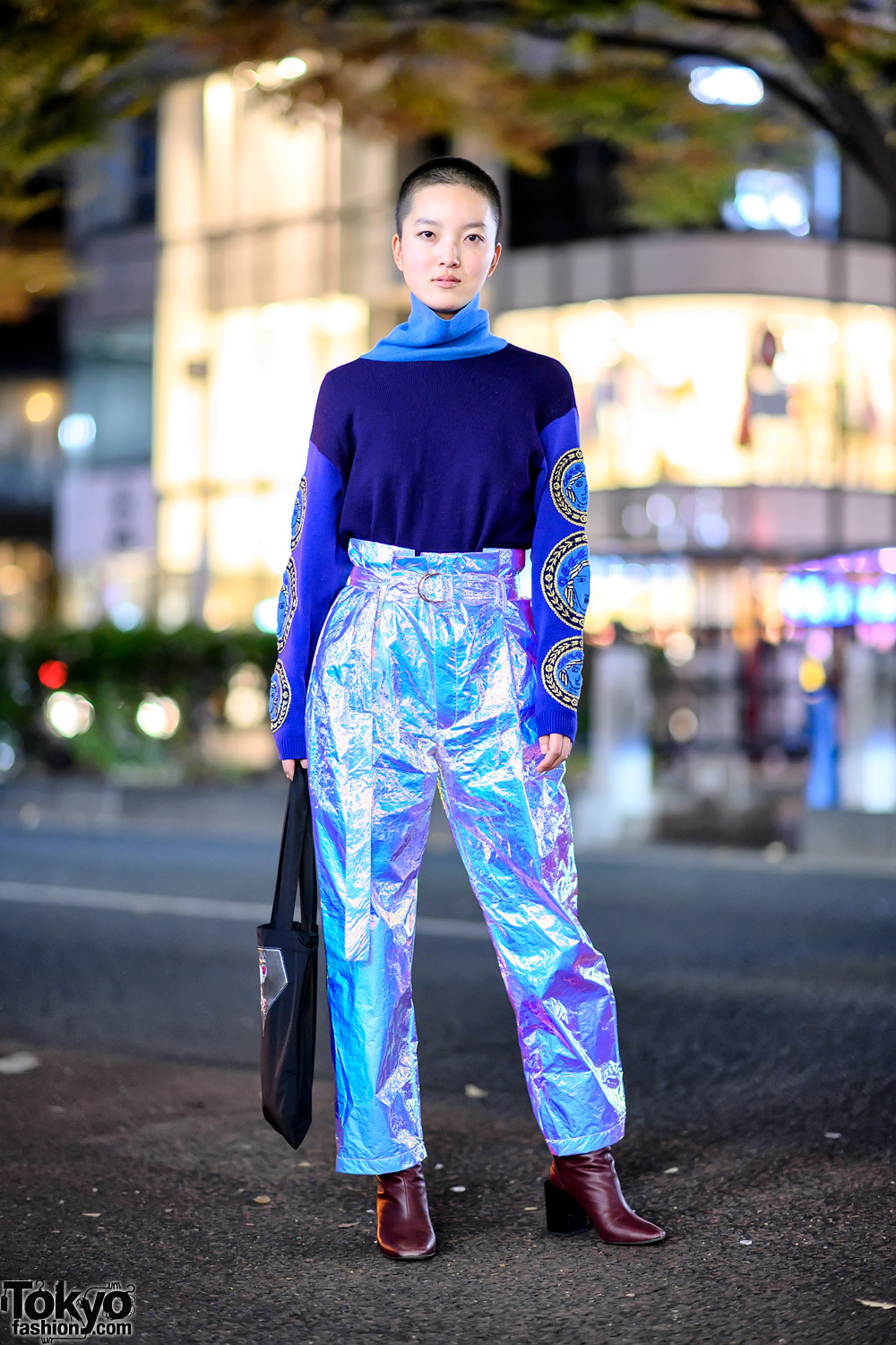 Harajuku Girl w/ Shaved Hairstyle, Versace Sweater,  Gallerie Tokyo Metallic Pants & CubRun Tote Bag
