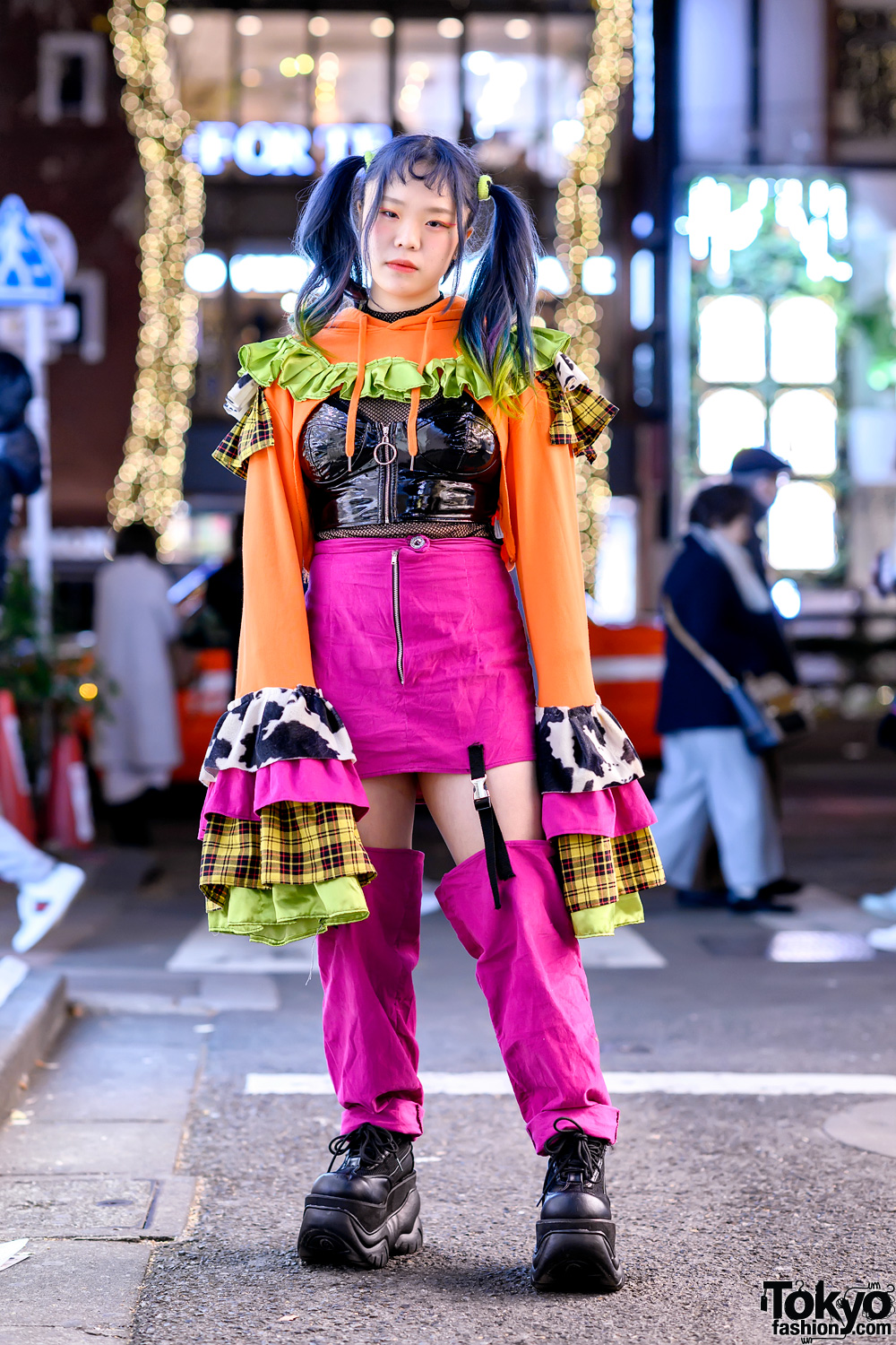 Harajuku Girl in Handmade Flare Top, Patent Bustier, Cow Print, Pink Skirt & Demonia Platforms