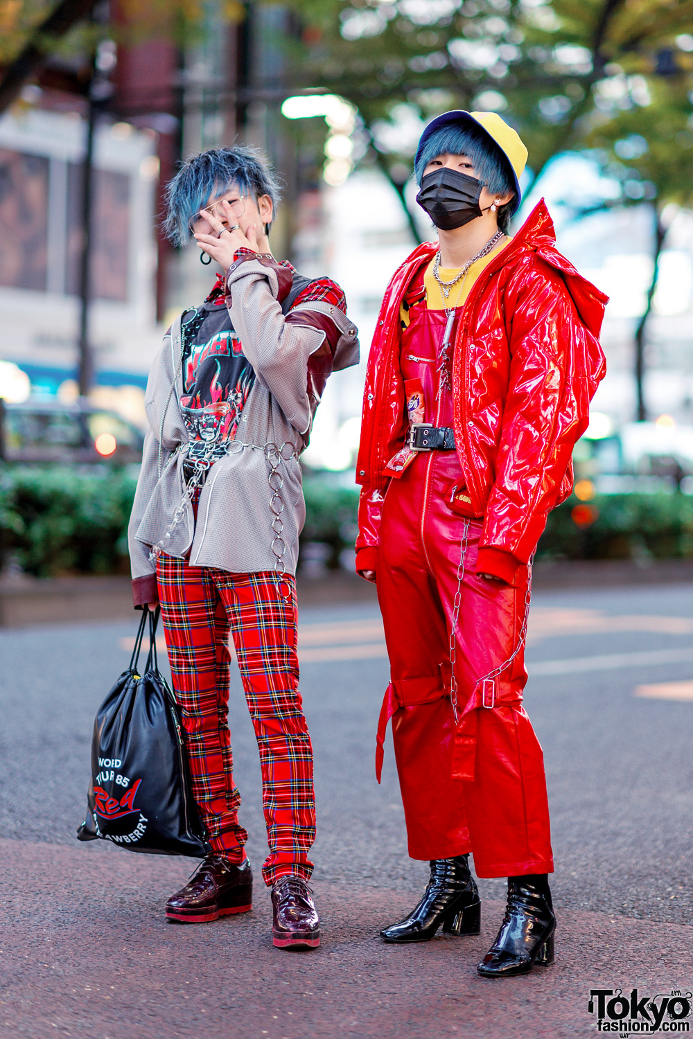 Harajuku Menswear Street Styles w/ Patent Red Puffer Jacket, Plaid Pants, Face Mask, Kawi Jamele & Oh Pearl