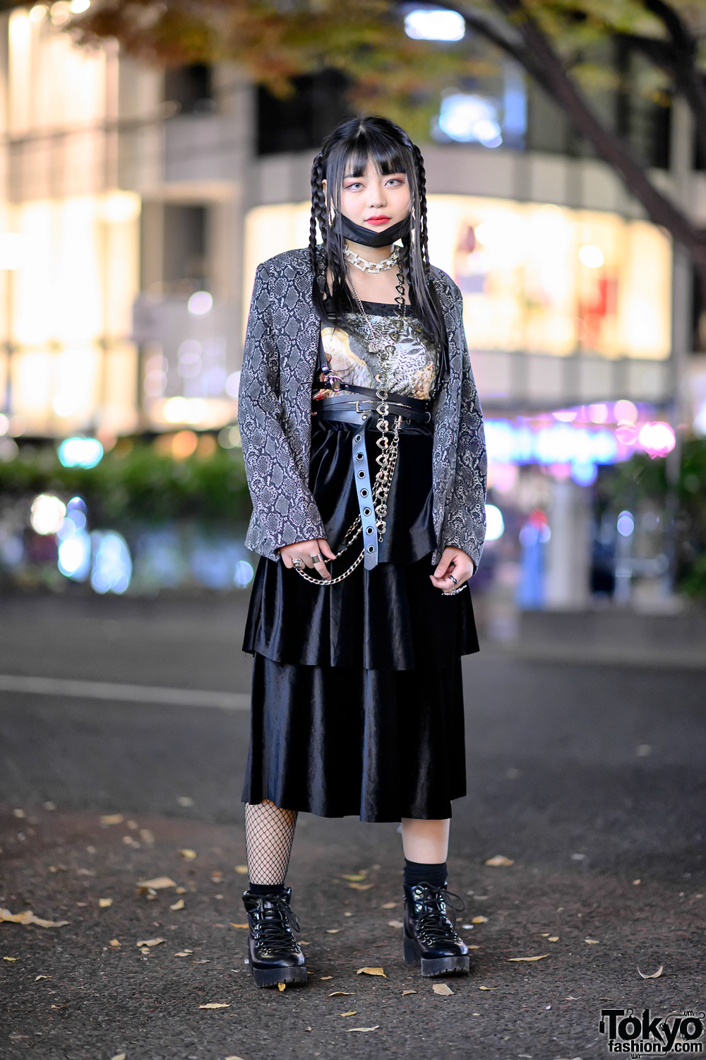 Snakeskin Print Jacket, Face Mask, Leather Harness Belt, Platform Boots & Silver Rings in Harajuku