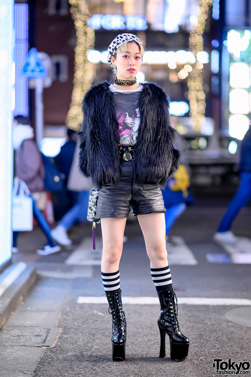 Harajuku Girl w/ Faux Fur Coat, Anna Sui x Marc Jacobs Bag & Moschino & H&M Choker
