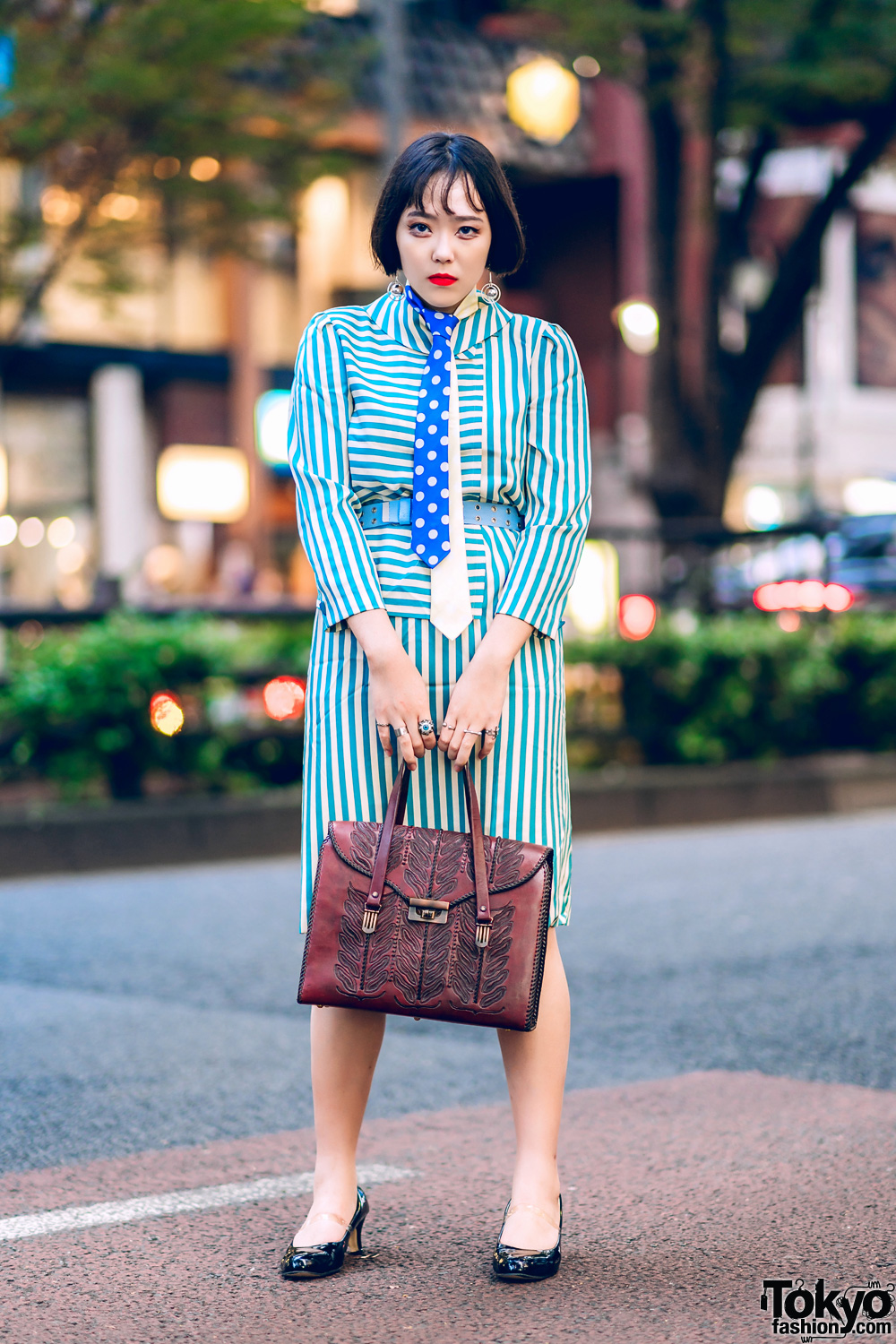 Patterned Harajuku Streetwear Style w/ Double Neckties, Vintage Striped Dress, Satchel Handbag & Patent Pumps