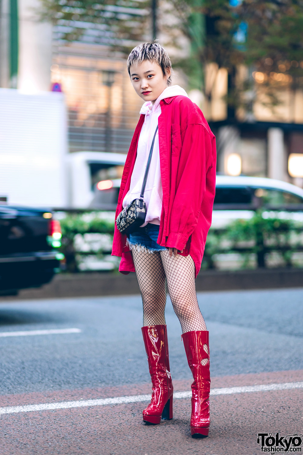 Tokyo Streetwear Style w/ Pixie Hair, Hoodie Sweater, Fringed Denim Shorts Over Fishnets, OK Cutout Boots & Coach Crossbody Bag