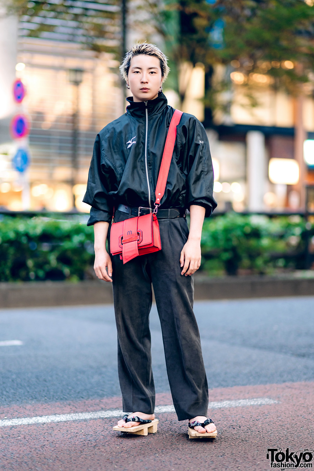 All Black Street Style in Harajuku w/ Mizuno Jacket, Suede Pants, Crossbody Bag & Geta Sandals