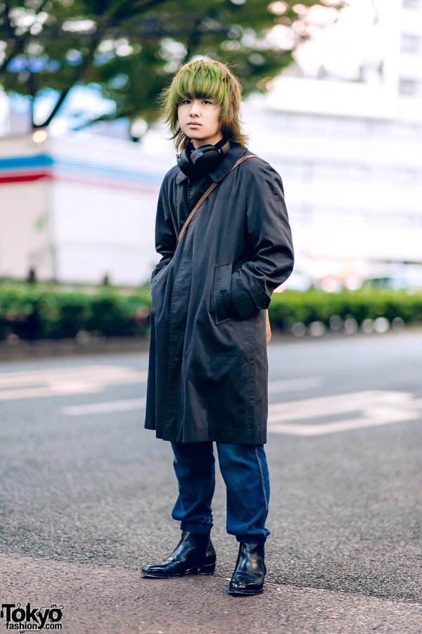 Menswear Street Style in Harajuku w/ Two-Tone Shaggy Hair, Burberry Coat, Ralph Lauren & Wingtip Boots