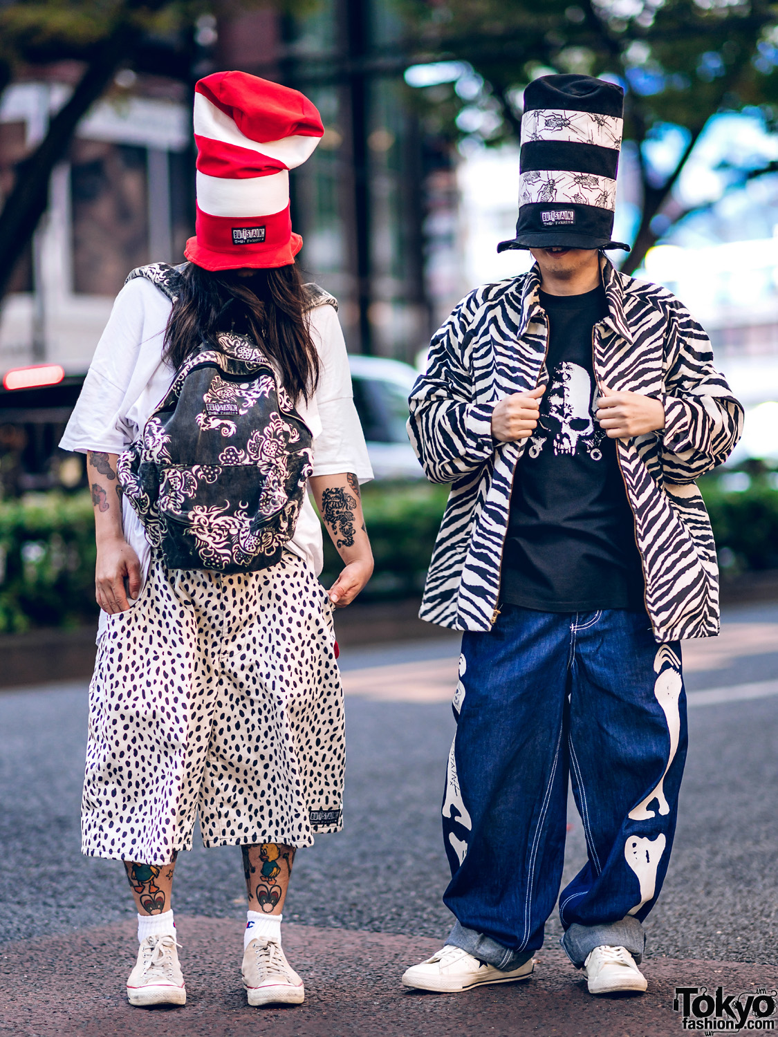 Buttstain Anti Fashion Street Styles in Harajuku w/ Tall Striped Top Hats, Polka Dot Shorts, Zebra Jacket, Dragon Backpack & Converse Sneakers