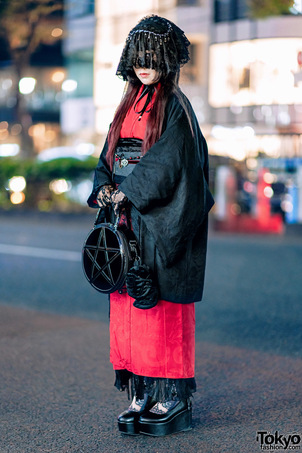 Japanese Vintage Kimono Gothic Street Style w/ Veil Headdress, Lace Gloves, Platforms & Kill Star Bag
