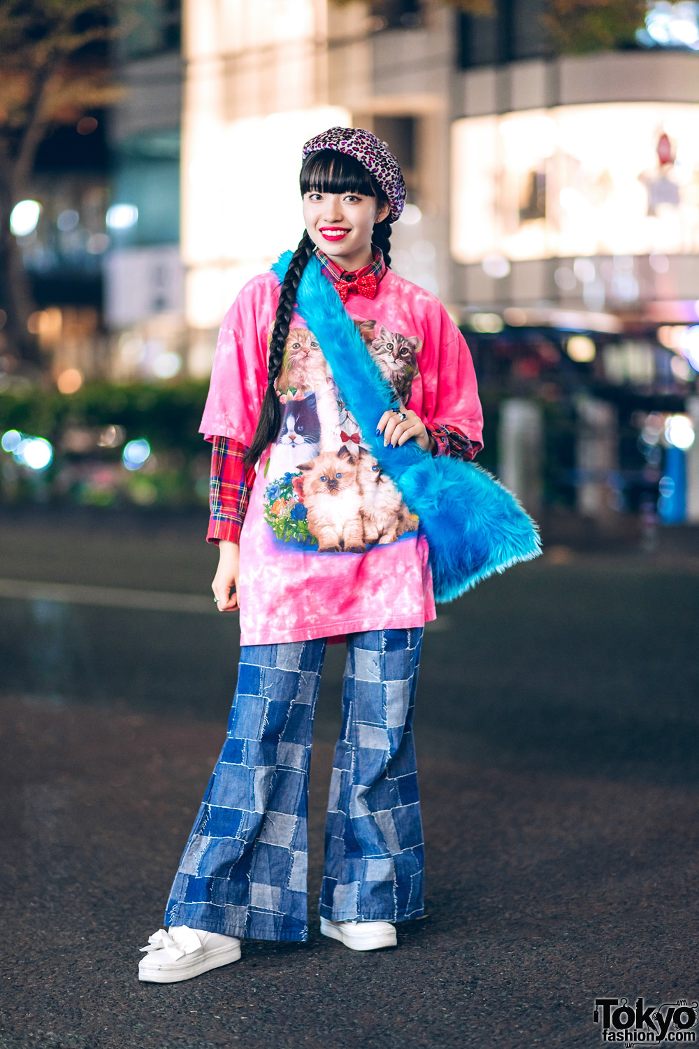 Retro Street Style in Harajuku w/ New York Joe Cat Shirt, Patchwork Flared Jeans, Vivienne Westwood, Palnart Poc & Fuzzy Bag