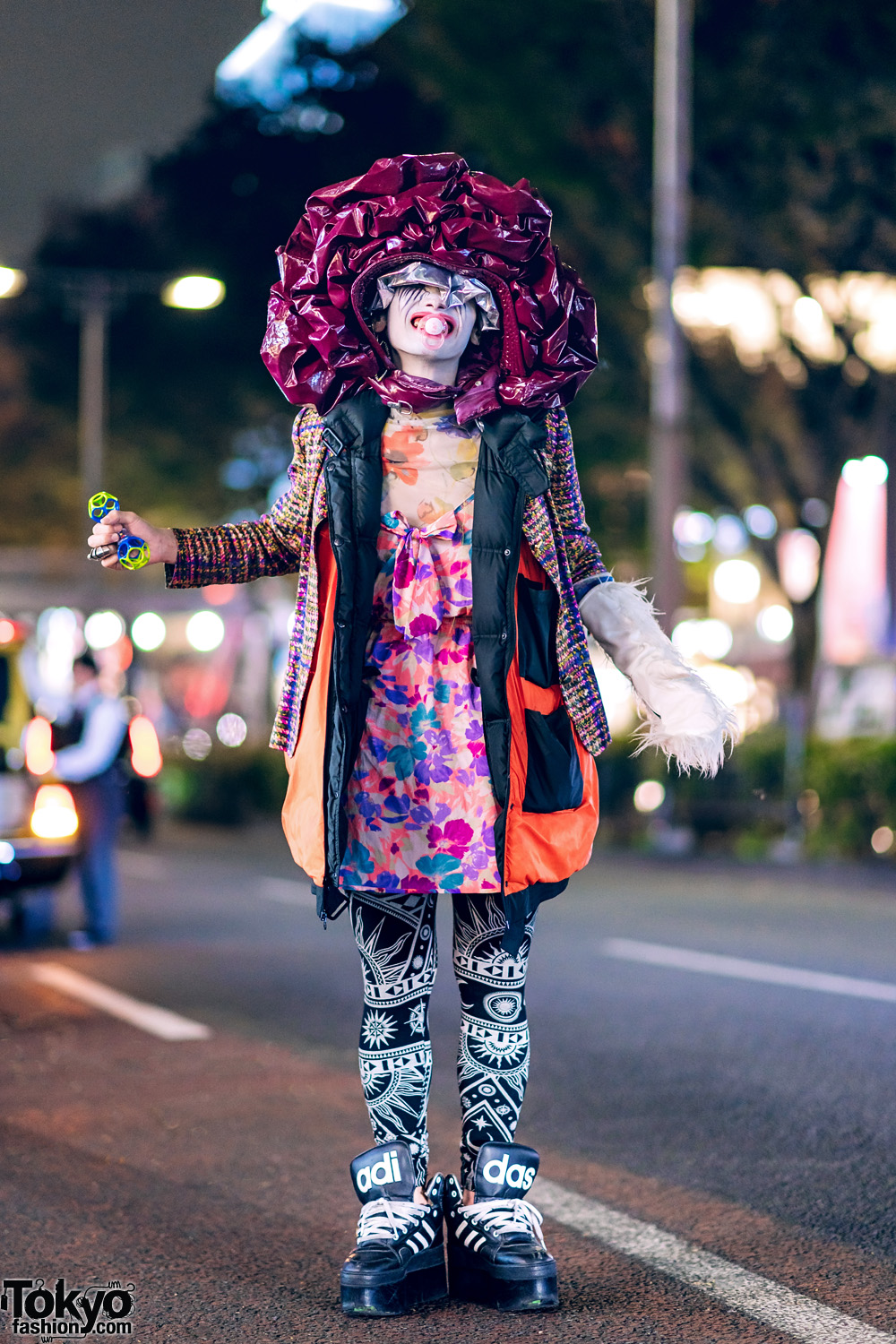 Harajuku Fashion Designer in Avant-Garde Streetwear Style w/ Layered Jackets, KTZ Leggings, Adidas Platform Sneakers & Statement Hat