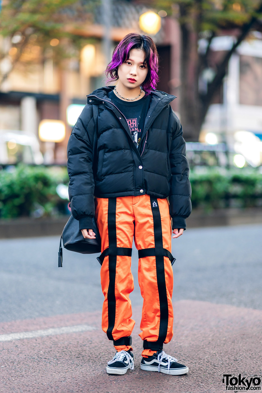 Tokyo Winter Street Style w/ Purple Hair, Jouetie Puffer Jacket, Orange Strap Pants, Barbed Wire Necklace, Bucket Bag & Vans Sneakers