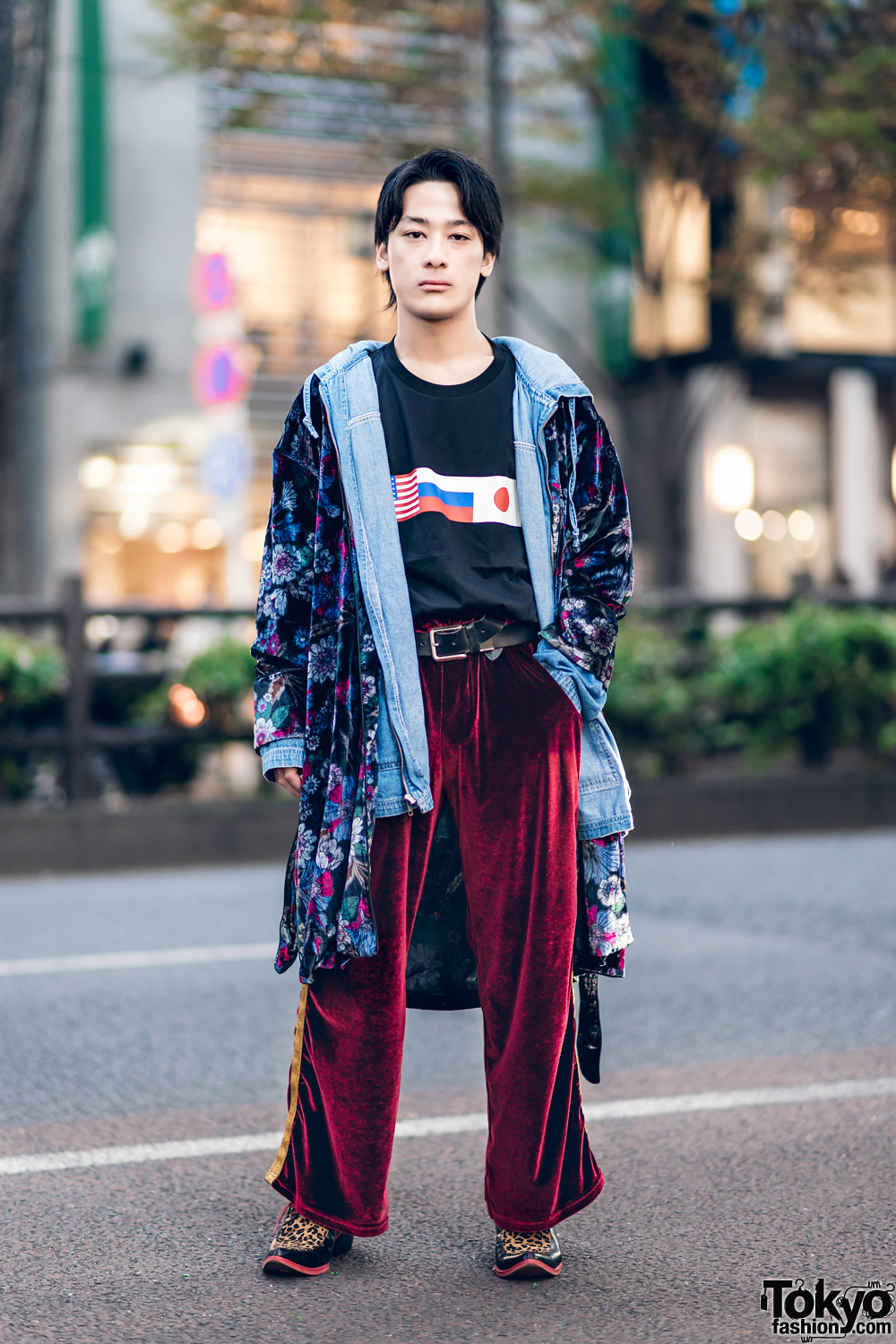 Harajuku Street Style w/ Floral Robe, Jeanasis Denim Hoodie Jacket, Gosha Rubchinskiy Flag Shirt & Yosuke Leopard Print Pointy Loafers