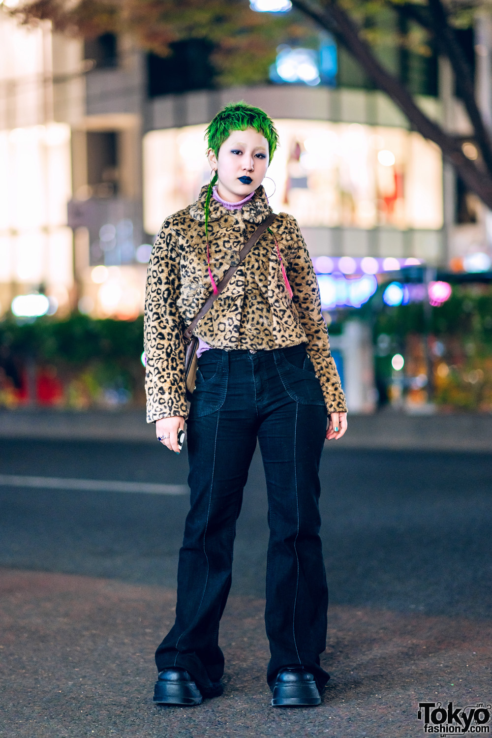 Tokyo Vintage Streetwear Style w/ Green Pixie Hair & Braided Tails, Furry Leopard Jacket, Dark Denims, Demonia Platforms & Burberry Crossbody Bag