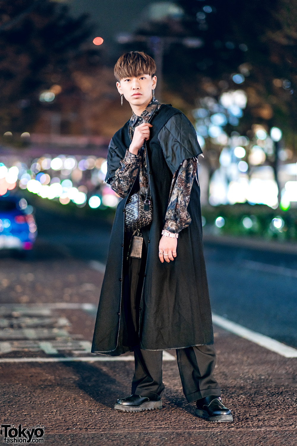 Menswear Street Style in Tokyo w/ Suede Coat, Floral Shirt, Comme des Garcons Cuffed Pants, Hare Buckle Shoes & Goyard Bag