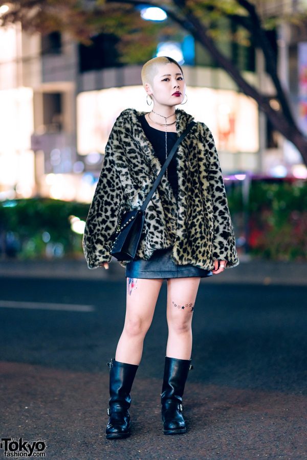 Harajuku Girl w/ Two-Tone Shaved Hairstyle, Moussy Leopard Jacket, Evris Leather Skirt, Getta Grip Boots & YSL Studded Bag