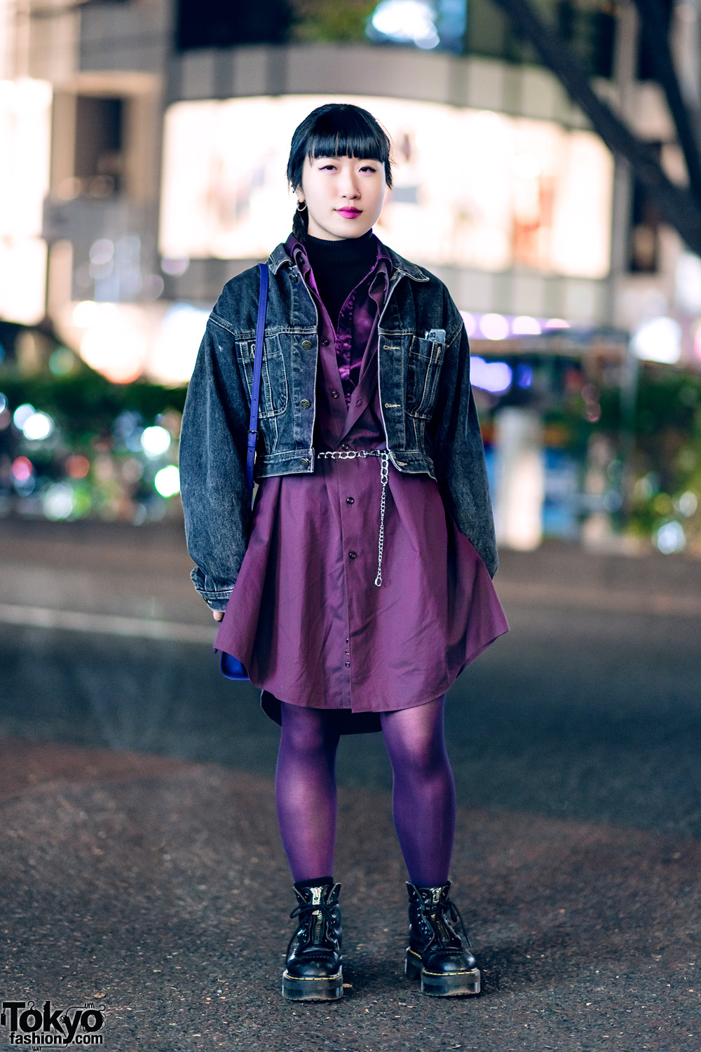 Purple Vintage Harajuku Streetwear Style w/ Denim Jacket & Shirt Dress, APC Sweater, Dr. Martens Boots & Agnes B Sling