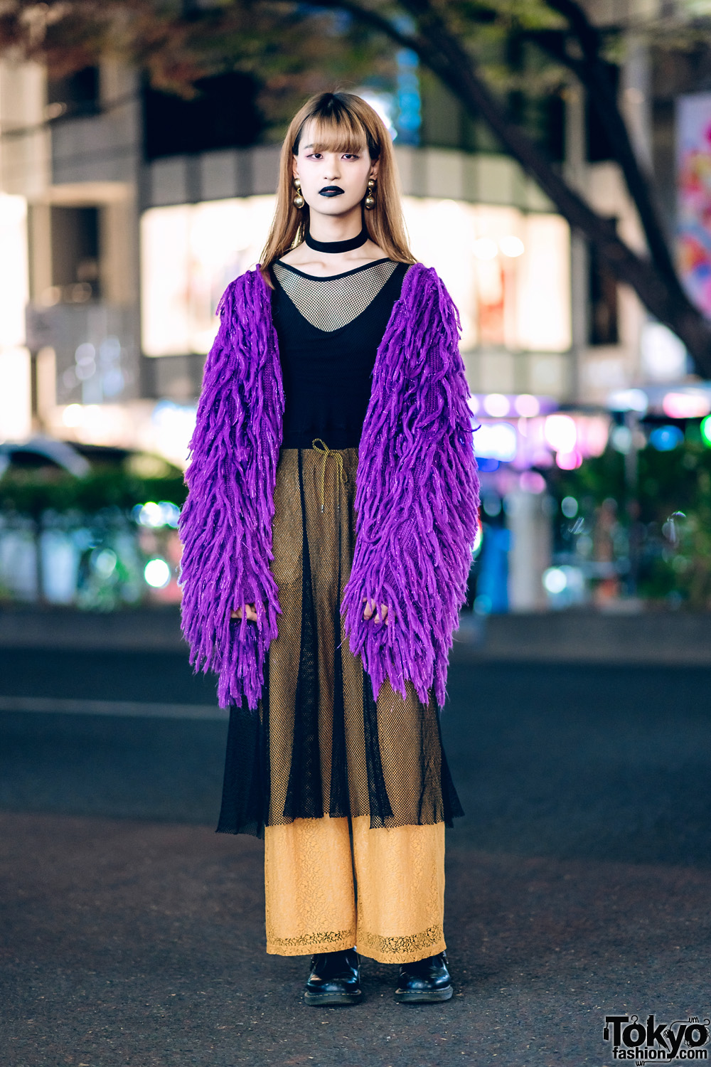 Harajuku Creator's Street Style w/ Jouetie Fuzzy Cardigan, Zara, GVGV Drawstring Lace Pants, Fishnet Dress & Dr. Martens T-Strap Shoes