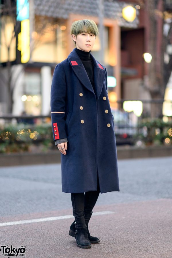 Tokyo Menswear Style w/ Military Coat, Turtleneck, Skinny Jeans & Y-Strap Suede Boots