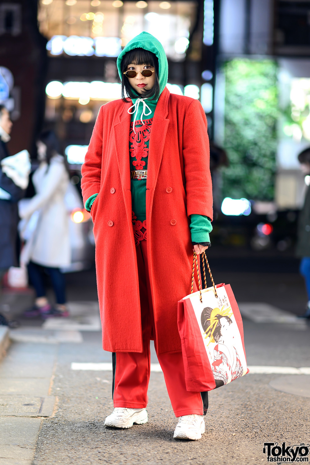 Colorful Tokyo Vintage Streetwear Style w/ Red Coat, Green Hoodie, Graphic Bag, Skechers & Kappa