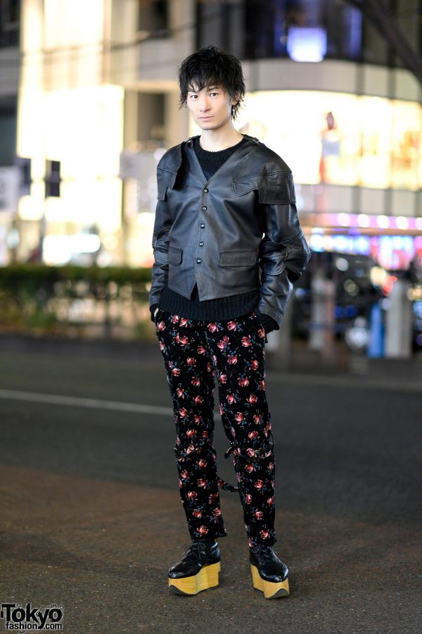 Vivienne Westwood Street Fashion in Harajuku w/ Black Leather Jacket, Ribbed Sweater, Floral Print Pants & Rocking Horse Shoes