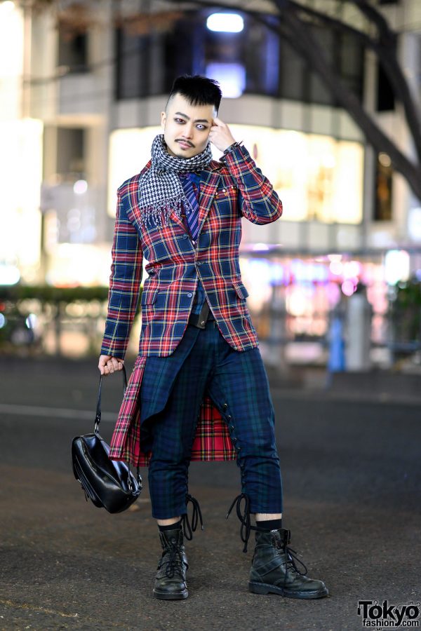 Harajuku Plaid Street Style w/ Printed Scarf, Striped Necktie, Colored Contacts, MilkBoy, Agnes B. & Dr. Martens