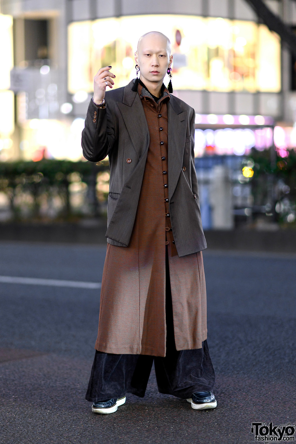 Harajuku Model/Musician in Vintage Monochrome Streetwear w/ Kenzo Coat, Wide Leg Pants, Tassel Earrings & Y-3 Loafers