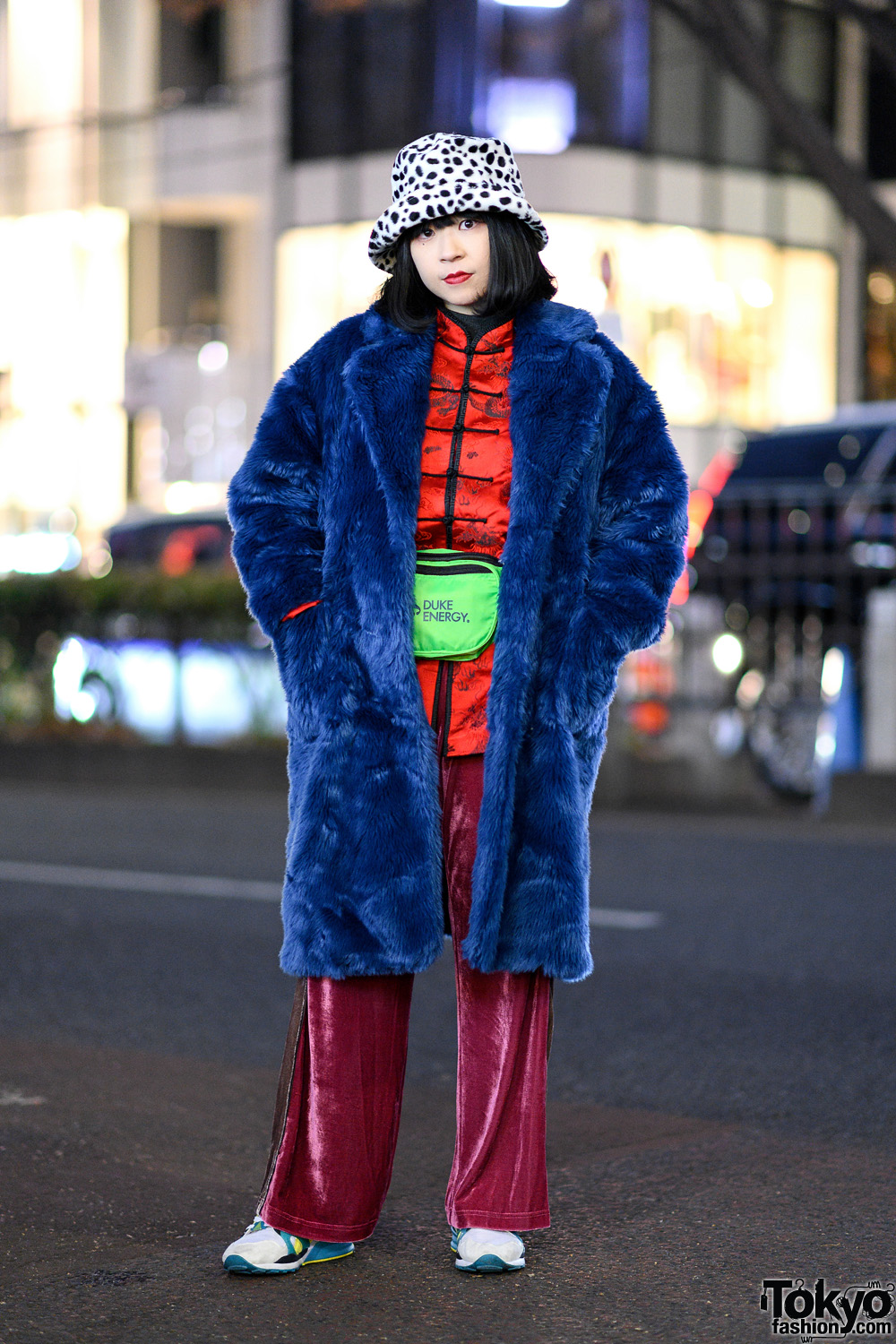 Tokyo Winter Street Style w/ Jouetie Coat, Another Edition Velvet Pants, Duke Energy Waist Bag & Puma Sneakers