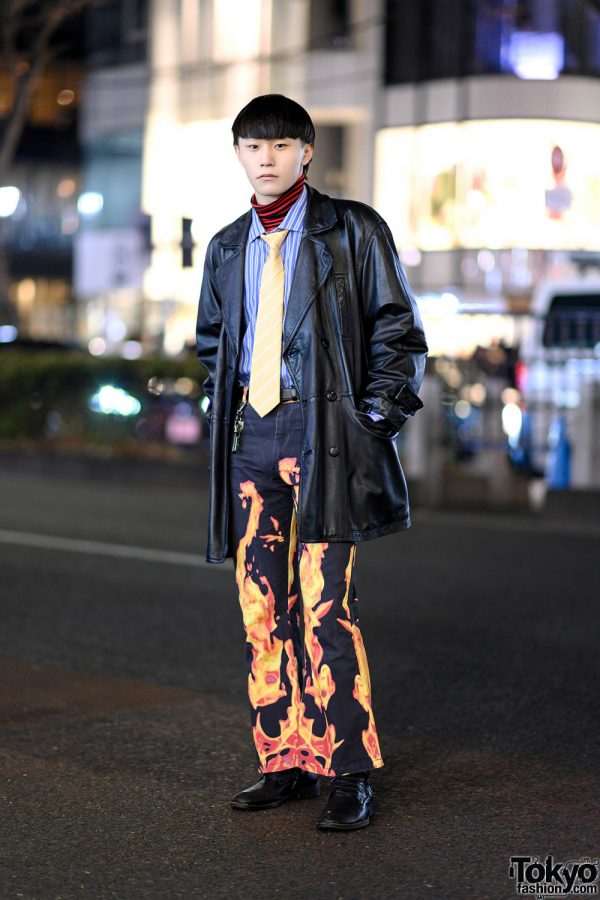 Harajuku Street Style w/ Leather Jacket, Striped Layers, Kaka Vaka Flame Pants, Lace-Up Boots & Knuckle Rings