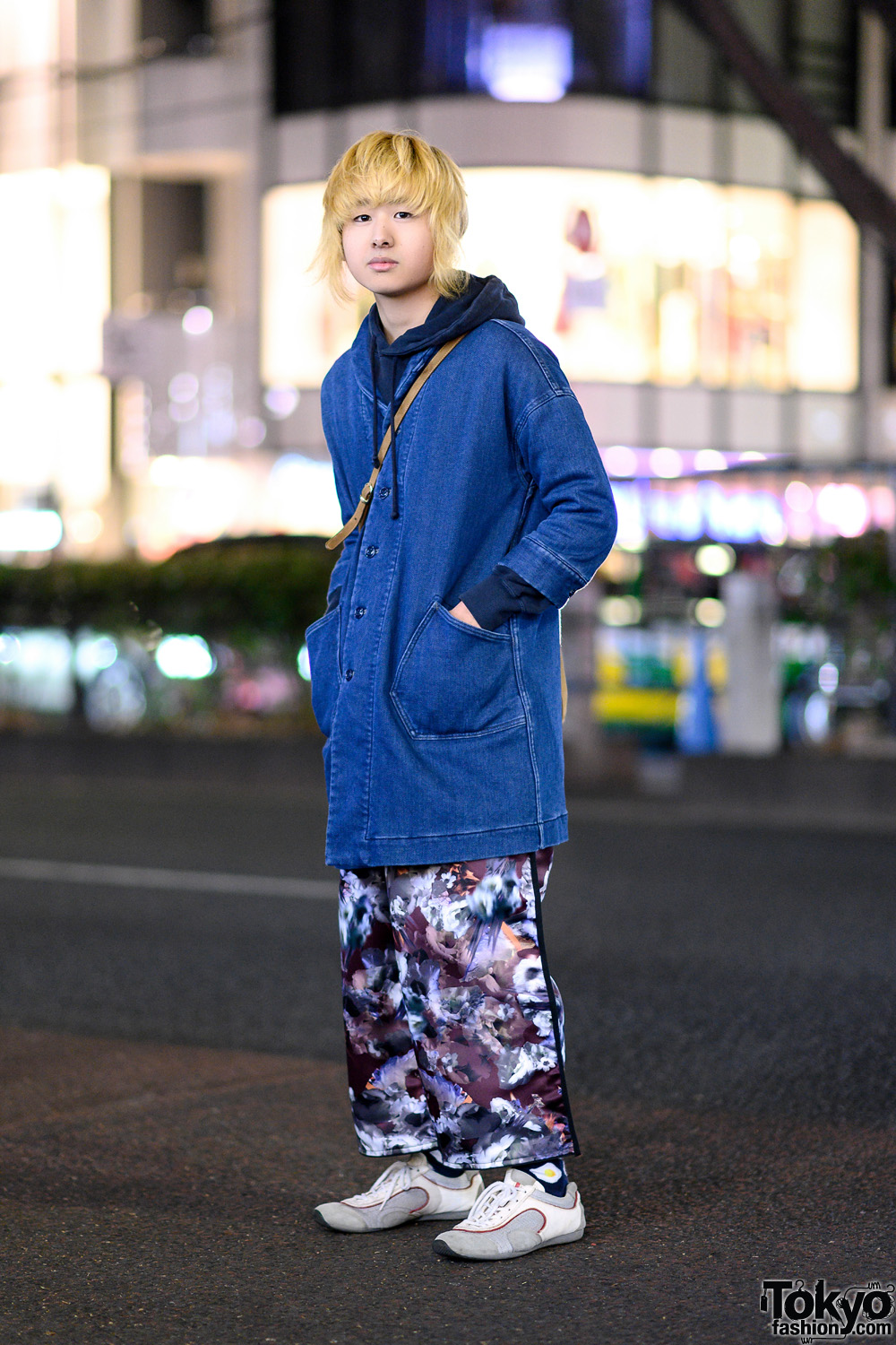 Blonde Harajuku Guy in Champion Hoodie, Balmung Graphic Wide Pants, Prada Sneakers & Denim Jacket