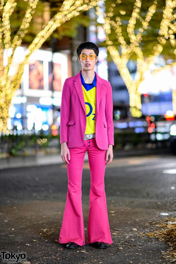 Pink Suit With Flare Pants, Yellow Arsenal O2 Shirt & Batman Sneakers in Harajuku