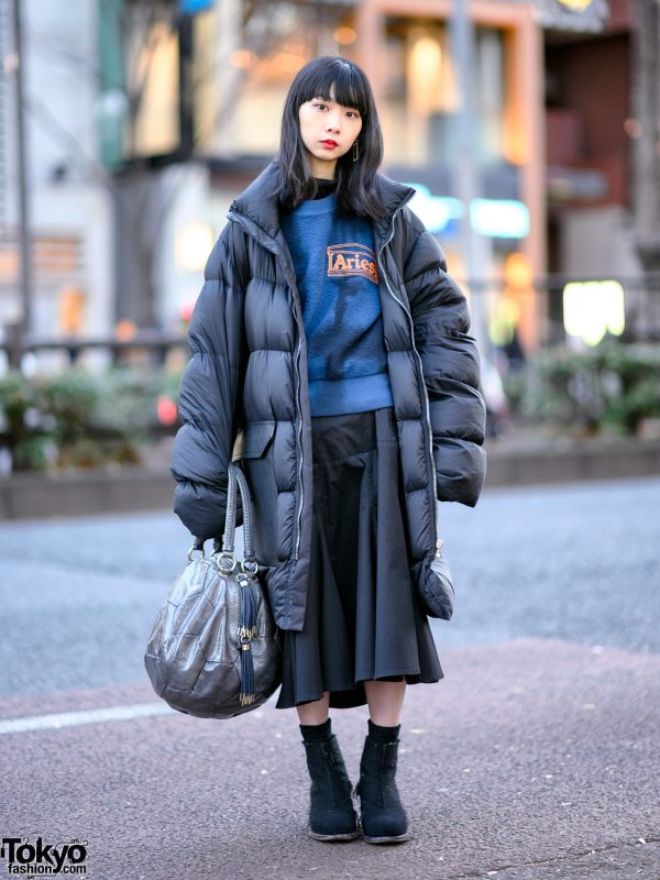 Japanese Model in Oversized Rick Owens Puffer Coat, Dirk Bikkembergs Bag, Yohji Yamamoto & Petrosolaum Shoes