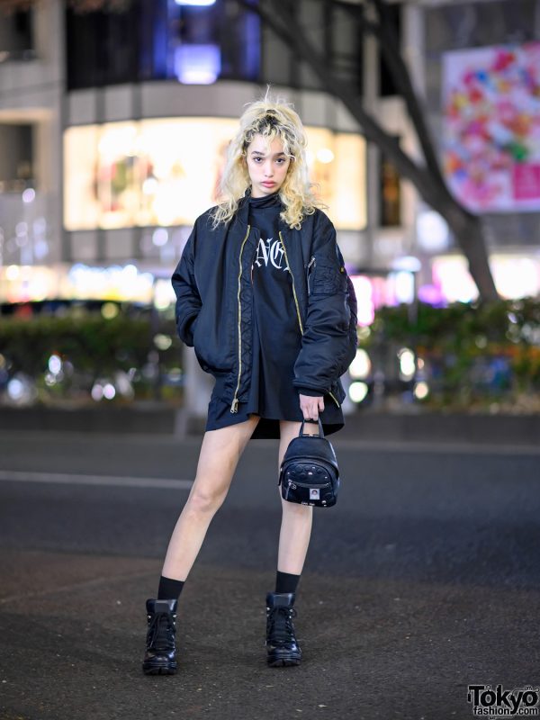 Harajuku Girl in Alyx Bomber Jacket, Vyner Articles Dress & Neith Nyer x New Rock Boots