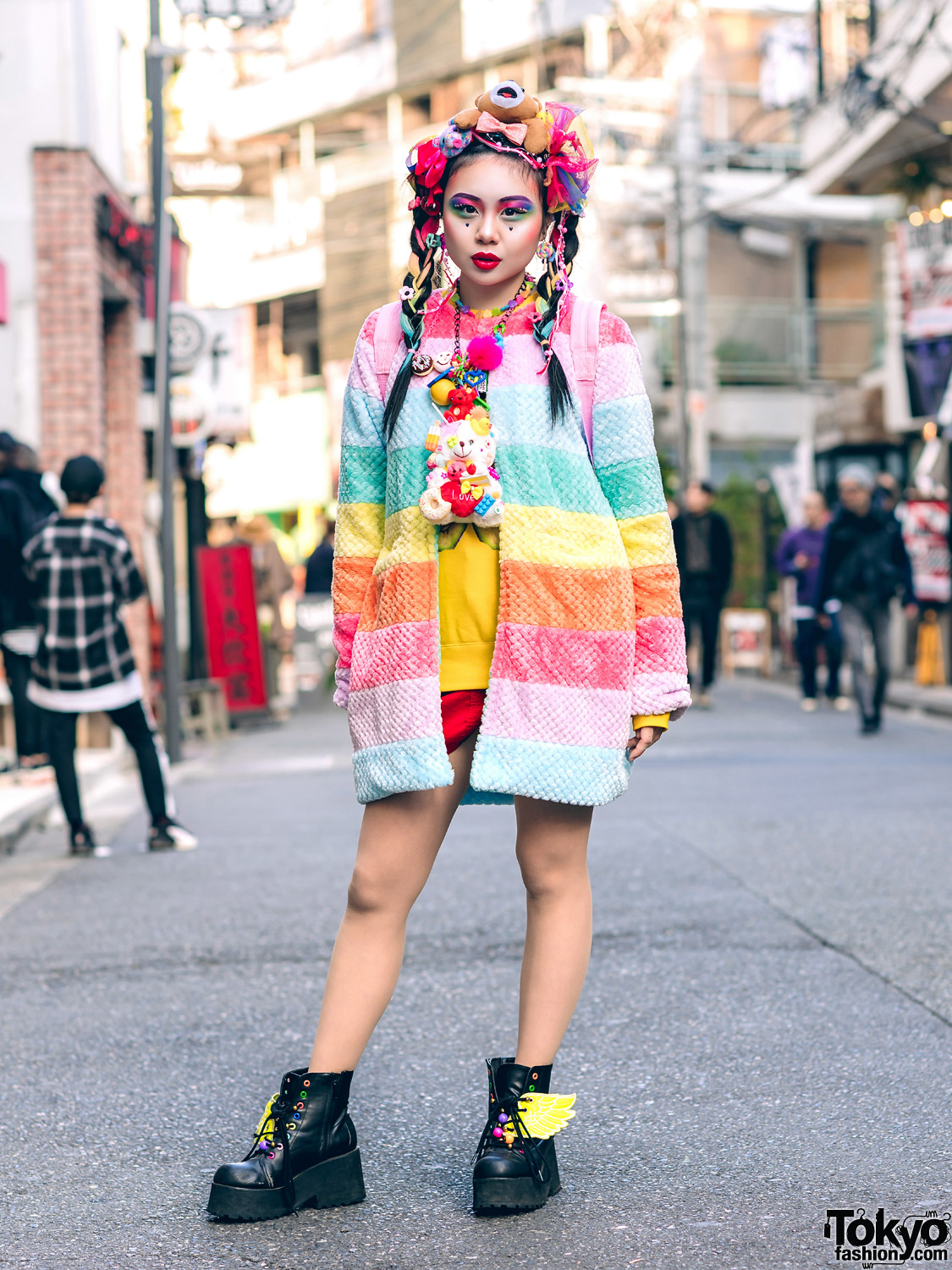 Japanese Kawaii Street Style w/ Colorful Bear Headpiece, Galaxxxy Pastel Rainbow Jacket, Teenstyle, Forever21, WEGO Wing Boots, Claire's Unicorn Backpack, Handmade Accessories & Bold Makeup