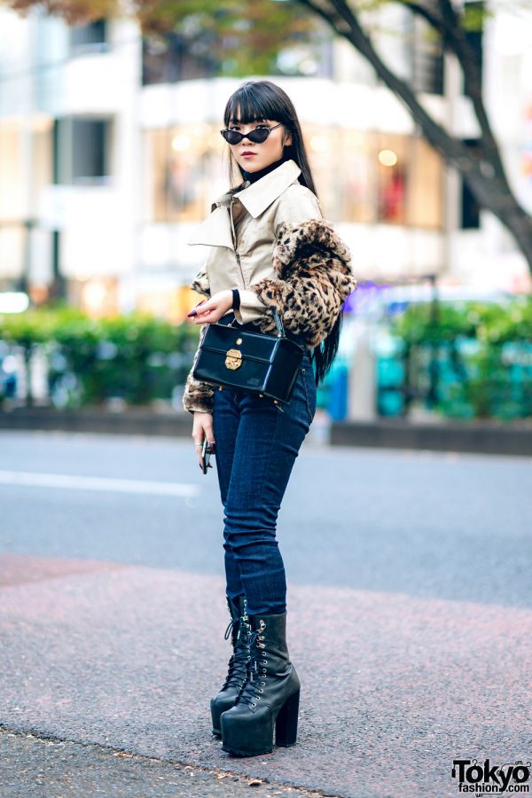 Modern Chic Tokyo Street Style w/ Anna Sui Leopard Jacket, UNIQLO Turtleneck Sweater, Dark Denim Pants, Dolls Kill Platforms & Versace Box Bag